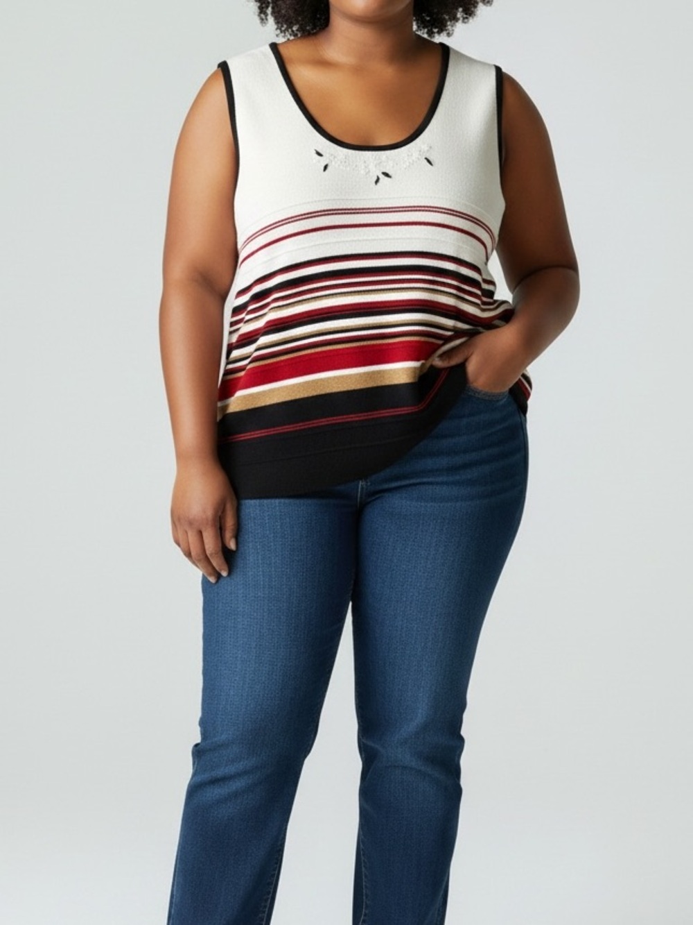 Vintage Tellement Vous Striped Scoop Neck Tank Top in White, Red, Black & Tan